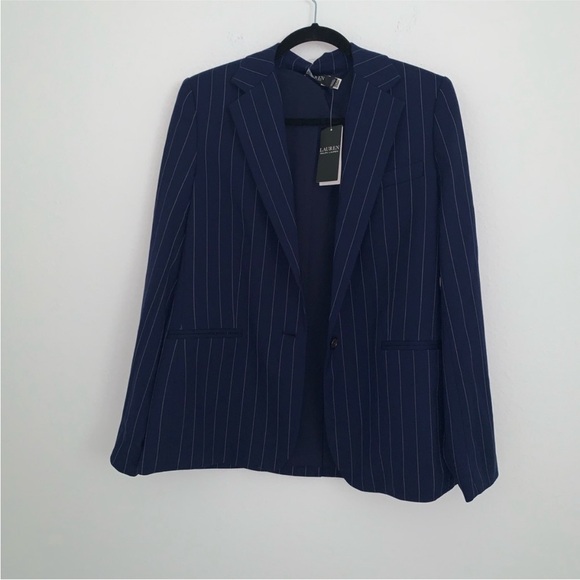 Lauren Ralph Lauren navy Blue stripe wool mix Blazer Size 14 new single button - Picture 4 of 11